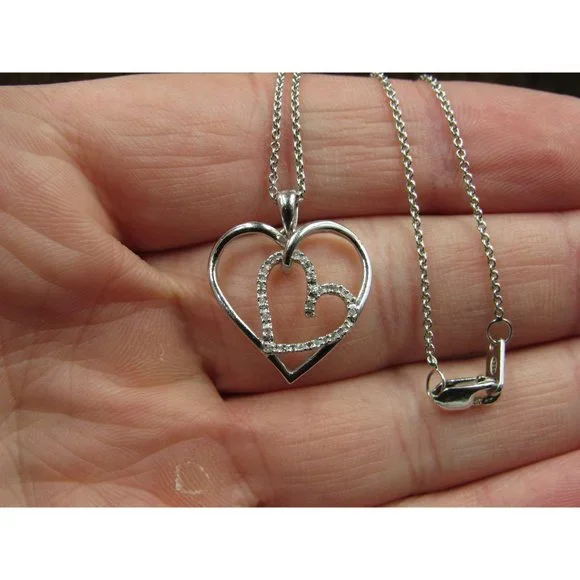 18" Sterling Silver Diamond Chip Heart In Heart Necklace Vintage Minimalist - Picture 2 of 7
